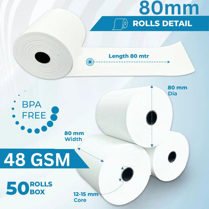 Thermal Rolls 80 x 80mm Receipt Paper 48GSM - (50 Rolls Box)