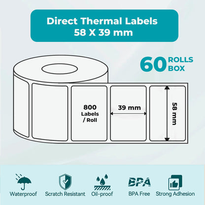 Barcode Direct Thermal Labels 58MM x 39MM, 800 Labels per Roll, 40 mm Core, 60 Rolls